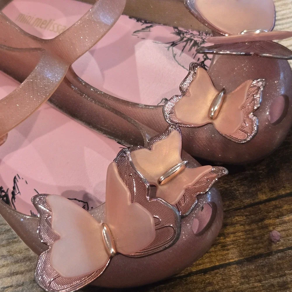 Mini Melissa Ultragirl Butterfly Rose Gold Glitter Jelly Shoes Flats Kids 10c